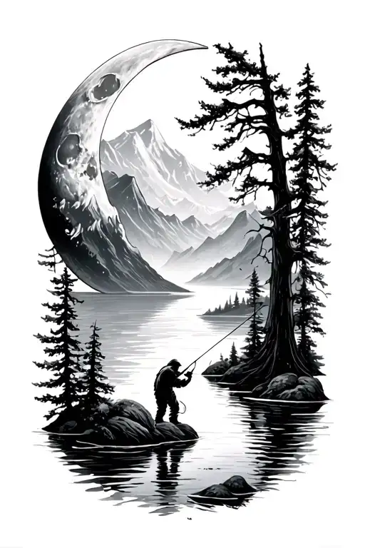 half moon man fishing off of it above stream, mountains and trees tattoo design idea