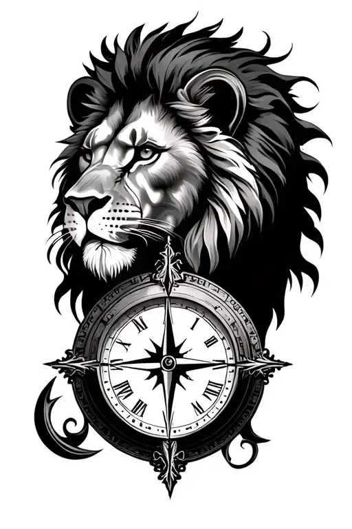 compass, lion and clock face tattoo design idea