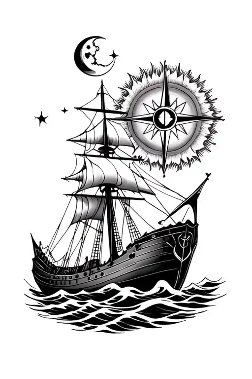 waves compass ship anchor moon and sun tattoo design idea