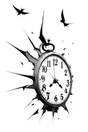 broken clock with numbers flying away tattoo design idea