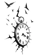 broken clock with numbers flying away tattoo design idea
