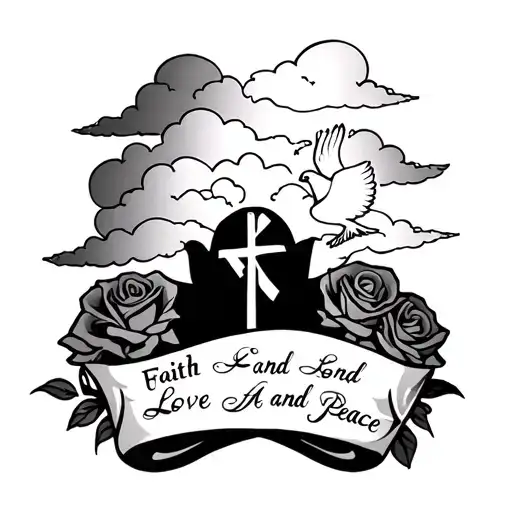 A Half sleeveRoses clouds with 3 crosses and 3 cursive words that says faith love and peace with doves  tattoo design idea