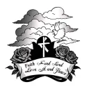 A Half sleeveRoses clouds with 3 crosses and 3 cursive words that says faith love and peace with doves  tattoo design idea