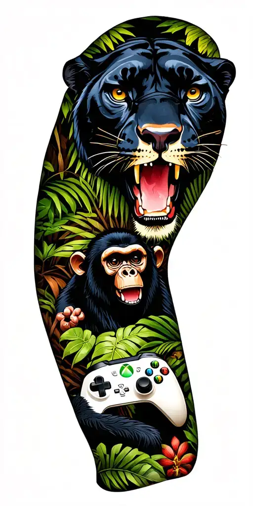 "Writing saying family " liverpool themed sleeve with skulls an xbox controller and a big black panthers face in a jungle with a monkey  tattoo design idea