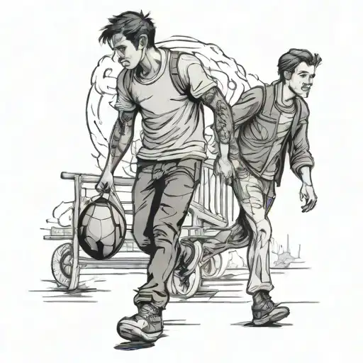 a young man walking tired along his young passed away's 16years footballist friend is walking happy as a dead soul tattoo design idea