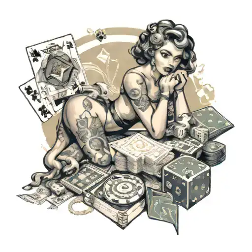 A tattoo design of a vintage pin-up girl surrounded by casino and gambling symbols like dice and cards, with a pack of dogs playing in the background, capturing the client's favorite things in a unique and stylish way tattoo design idea