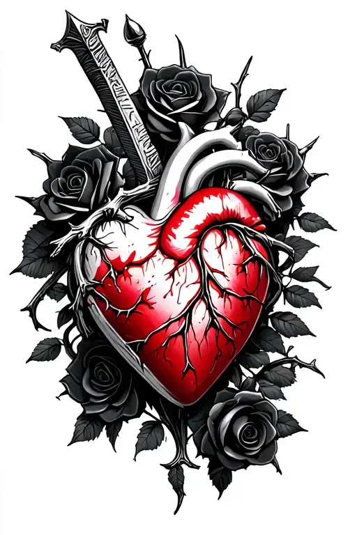 dagger piercing realistic bleeding human heart ensnared by black roses with thorns. Add Black Mamba tattoo design idea