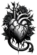 dagger piercing realistic bleeding human heart ensnared by black roses with thorns. Add Black Mamba tattoo design idea