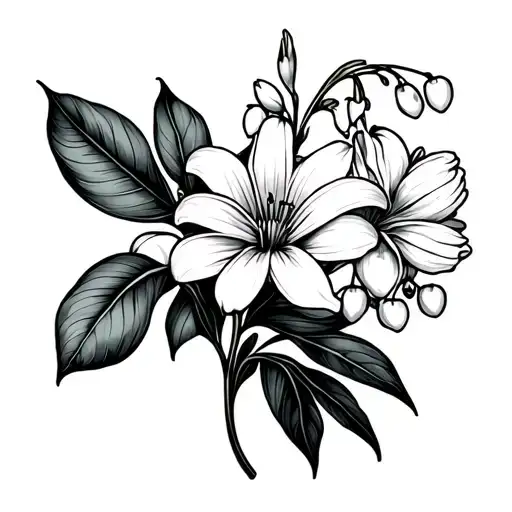 eucalyptus leaf, tulip, lily of the valley, chrysanthemums single line  tattoo design idea