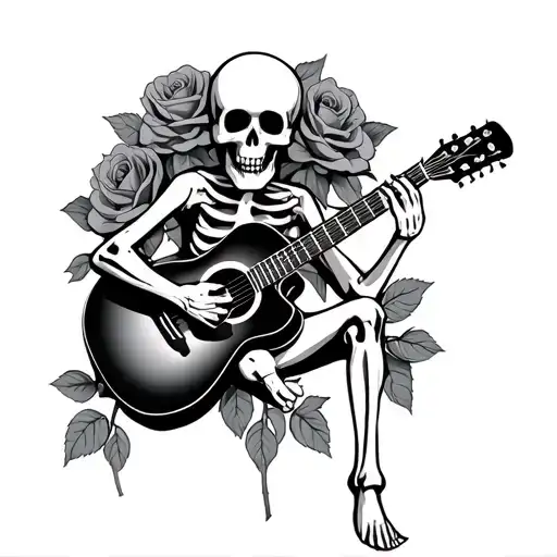 skeleton playing guitar in roses tattoo design idea