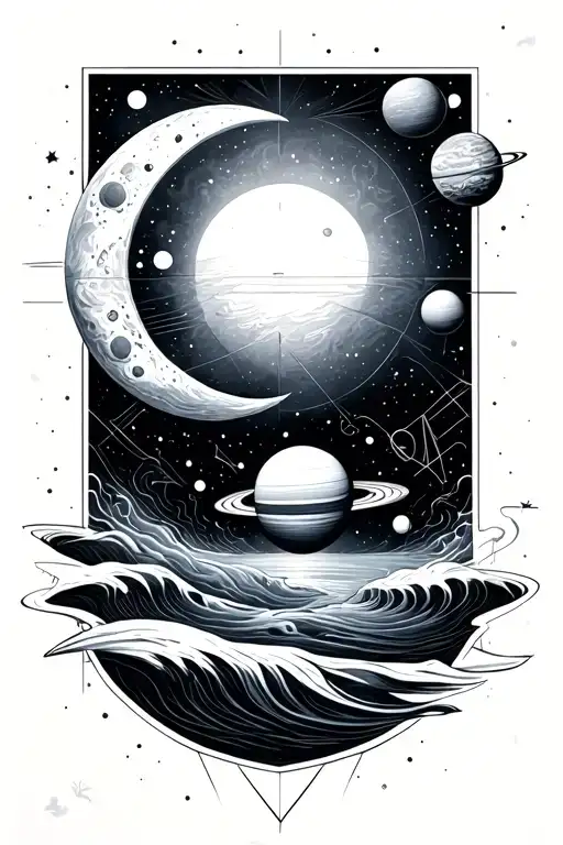 geommetric, planets, sea, sun moon tattoo design idea