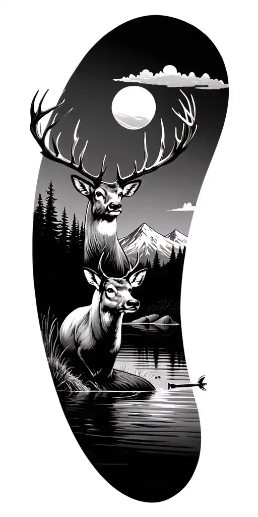 deer walleye duck fishing mountain landscape tattoo design idea