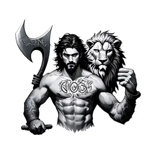 shirtless man with a lion head with norse letters on his chest, and the leviathan axe in his right hand tattoo design idea