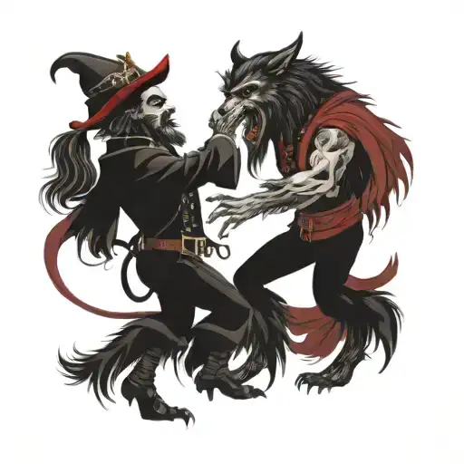 hairy werewolf pirate and vampire couple dancing tattoo design idea