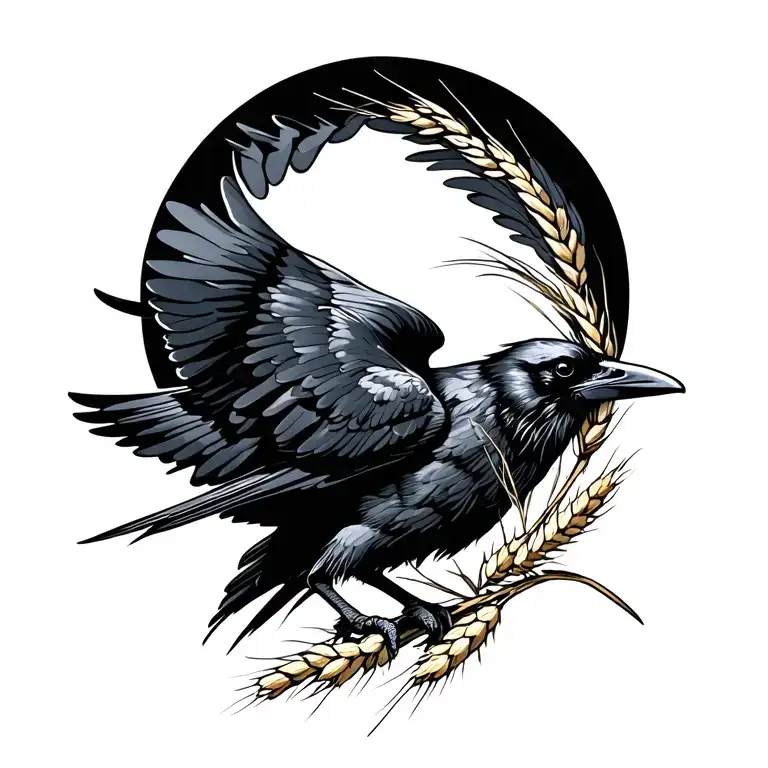 raven in flight with wheat stalk intertwined tattoo design idea