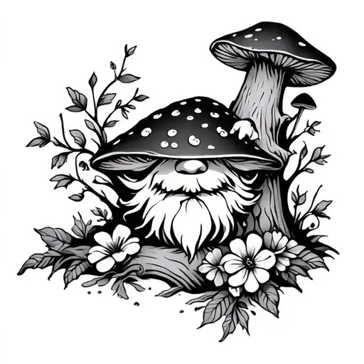 gnome , tree, mushroom, floral tattoo design idea