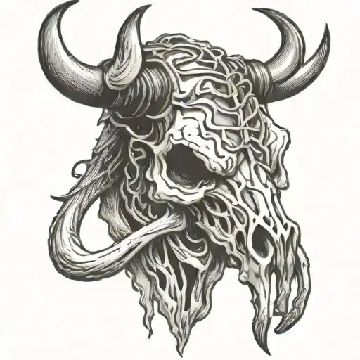 barb wire wrapped around the horns of a bull skull tattoo design idea
