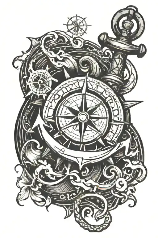 anchor with waves and compass surrounded tattoo design idea