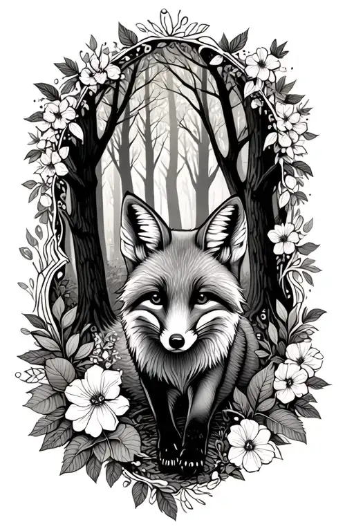 floral lace background with fox running through forest tattoo design idea