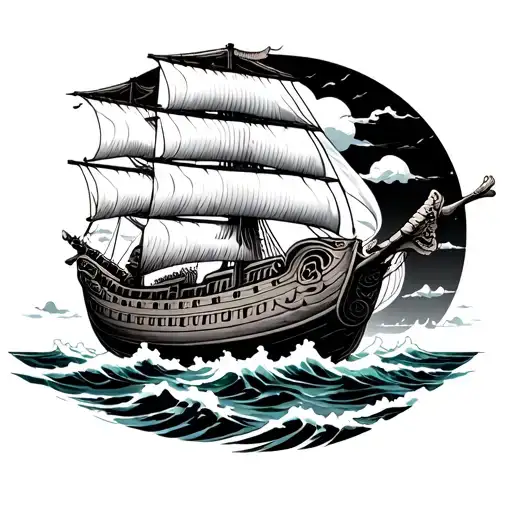 Korean turtle ship sailing through stormy tattoo design idea