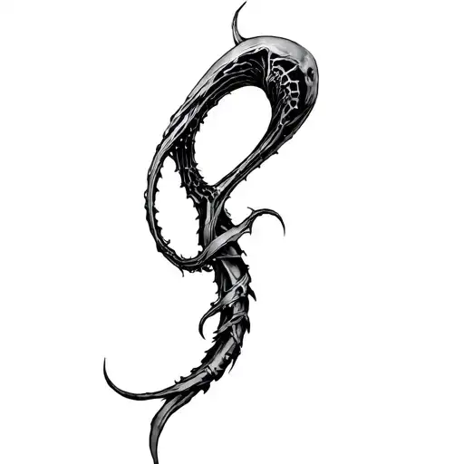 hr giger biomechanical tattoo of an alien tail only, wrapping around a shinbone tattoo design idea