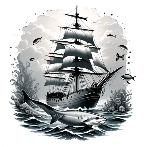 Ocean Theme with a tall ship and underwater scene with a tiger shark and tropical reef fish tattoo design idea