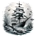 Ocean Theme with a tall ship and underwater scene with a tiger shark and tropical reef fish tattoo design idea