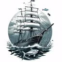 Ocean Theme with a tall ship and underwater scene with a tiger shark and tropical reef fish tattoo design idea