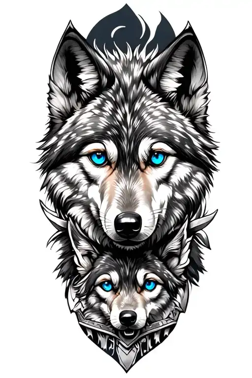 wolf with blue eyes and baby wolf on armor tattoo design tattoo design idea