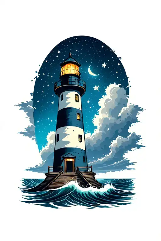 lighthouse on stormy sea under night sky full of stars tattoo design idea