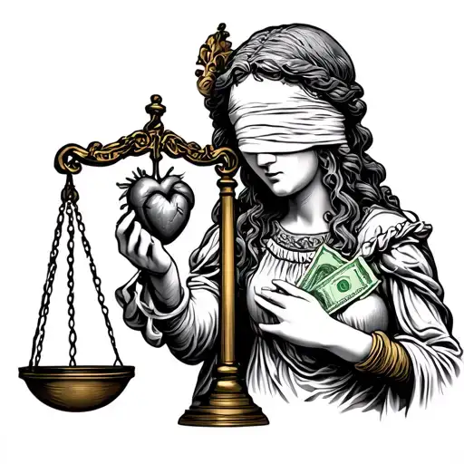 lady justice blindfolded with Money in her hand anda human heart on the scale  tattoo design idea