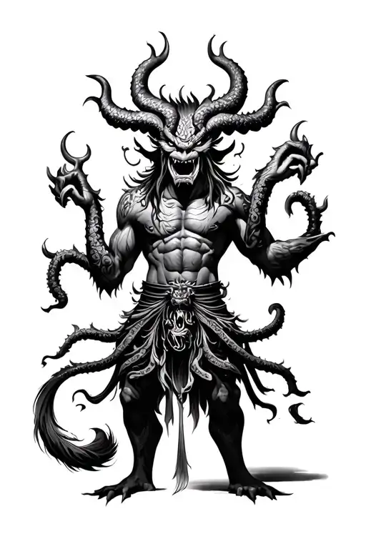 A black and white tattoo design of a Japanese Oni demon inspired by Lovecraftian horror, combining traditional Japanese  tattoo design idea