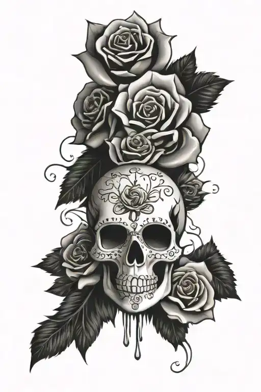 Candy skull with roses blooming tattoo design idea