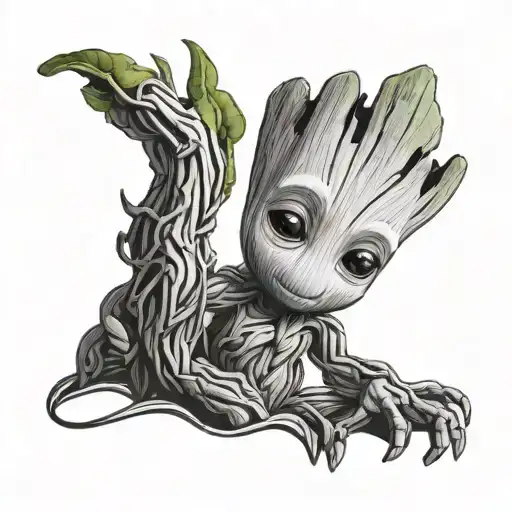 Baby groot playing with name written tattoo design idea