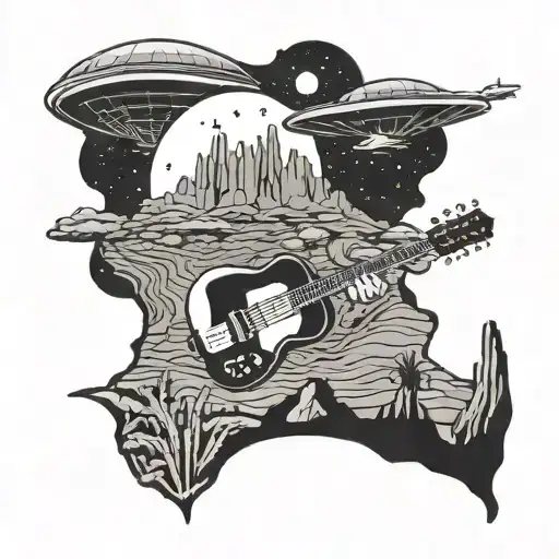 A UFO hovering over a desert landscape with a silhouette of Kurt Cobain playing a guitar in the foreground tattoo design idea