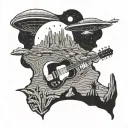 A UFO hovering over a desert landscape with a silhouette of Kurt Cobain playing a guitar in the foreground tattoo design idea