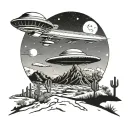 A UFO hovering over a desert landscape with a silhouette of Kurt Cobain playing a guitar in the foreground tattoo design idea
