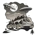 A UFO hovering over a desert landscape with a silhouette of Kurt Cobain playing a guitar in the foreground tattoo design idea