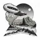 A UFO hovering over a desert landscape with a silhouette of Kurt Cobain playing a guitar in the foreground tattoo design idea