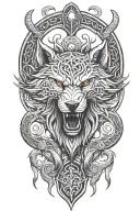 fenrir whit runes and snake, tree of life intertwined, viking axes tattoo design idea