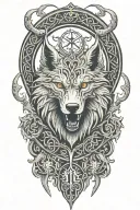 fenrir whit runes and snake, tree of life intertwined, viking axes tattoo design idea