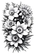 daffodil, chrysanthemum and aster flowers intertwined tattoo design idea