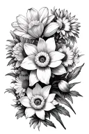 daffodil, chrysanthemum and aster flowers intertwined tattoo design idea