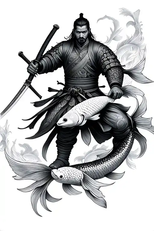Ronin warrior holding a katana surrounded by koi fish tattoo design idea