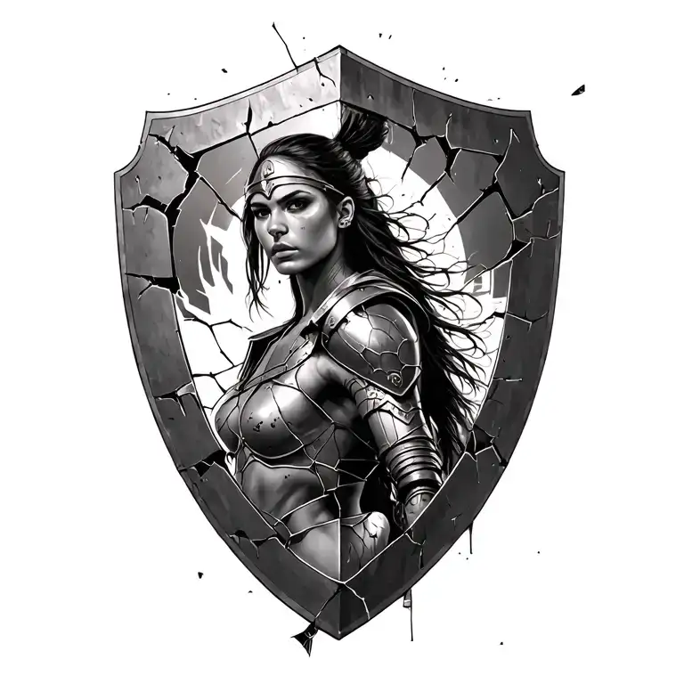 black and white spartin woman warrior with cracked battle shield tattoo design idea