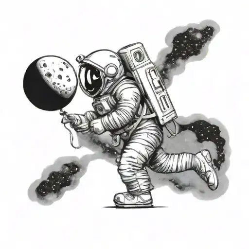 Weightless astronaut, standing and in profile, very realistic, holding a moon balloon. tattoo design idea