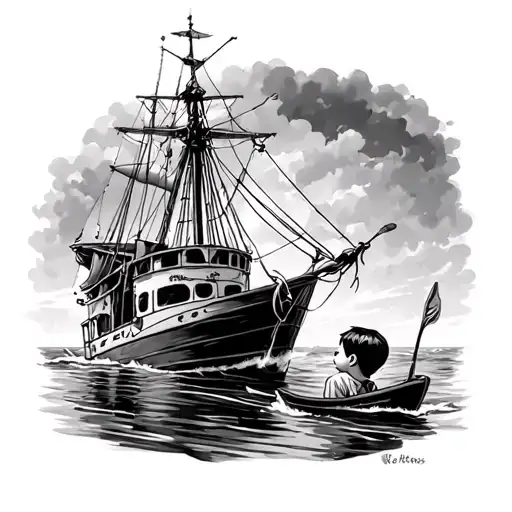 shrimp boat sailing away and a sad kid watching it tattoo design idea