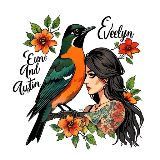 robin with Evelyn and Austin written next to it tattoo design idea