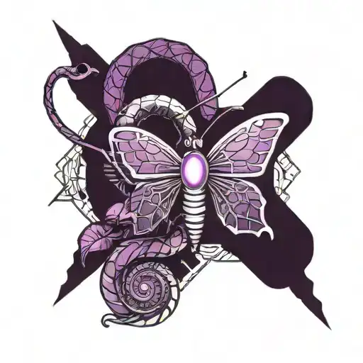 snake surrounding a purple butterfly tattoo design idea