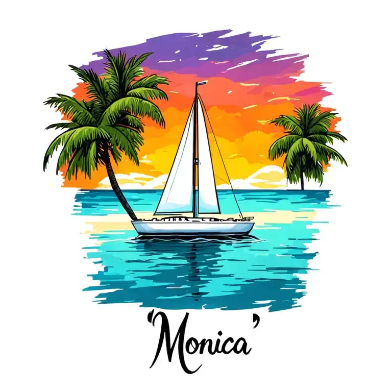 "Monica" "Monica" white sailboat, background colorful sunrise, small island palm background.  vibrant colors no border tattoo design idea